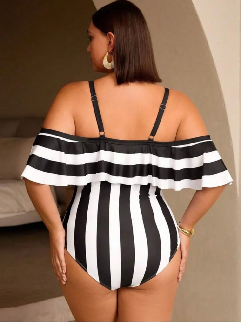 SHEIN Black and White Striped Off-Shoulder One-Piece Swimsuit - Picture 2 of 2